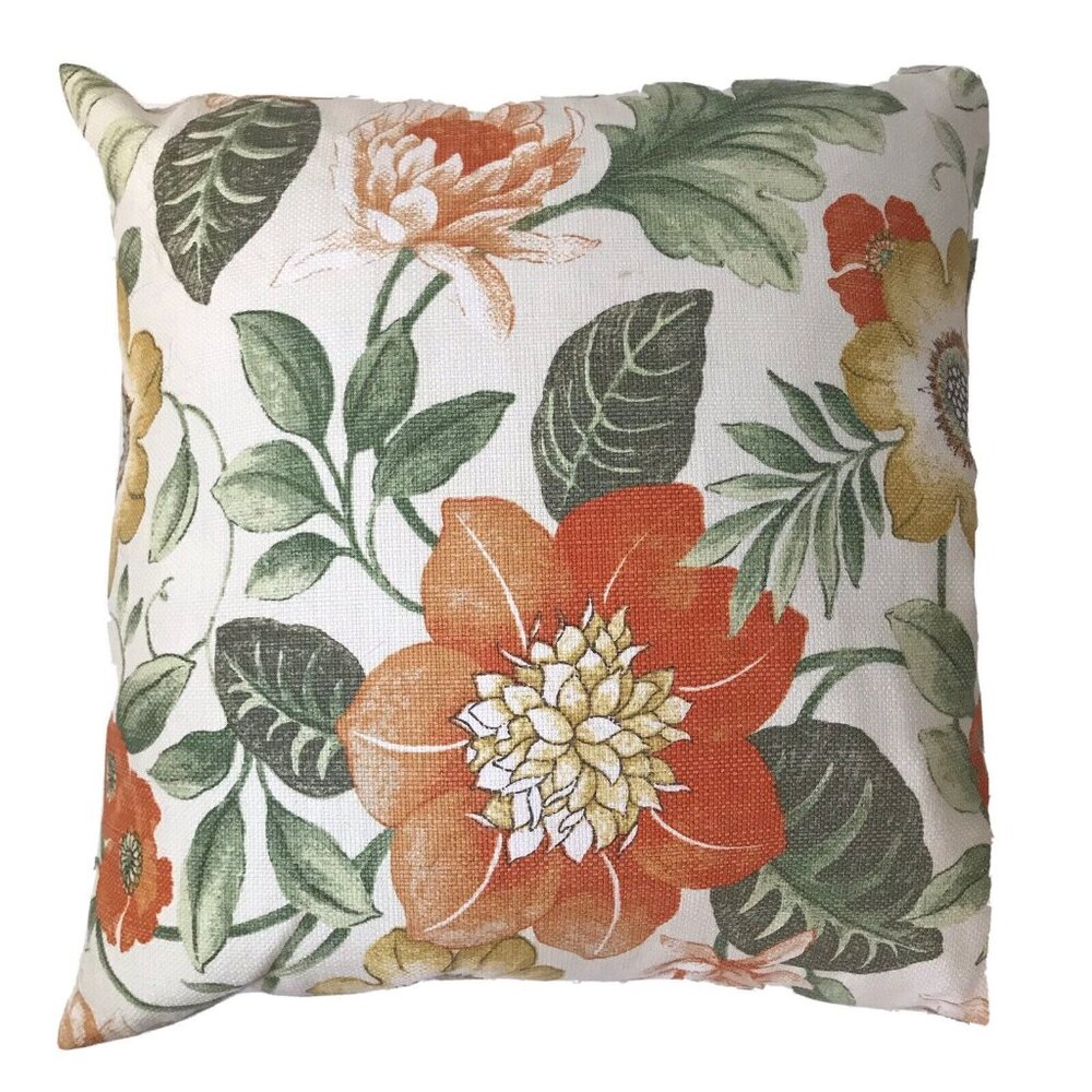 Newport orange flowers cotton feather throw sofa pillow zip 18"‎ square USA